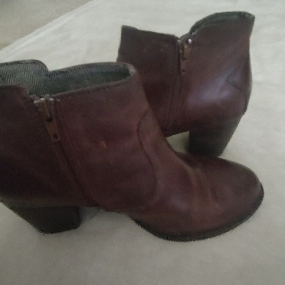 Leather CAT Ankle Boot Women Brown Block Heel Side Zip Round Toe Booties